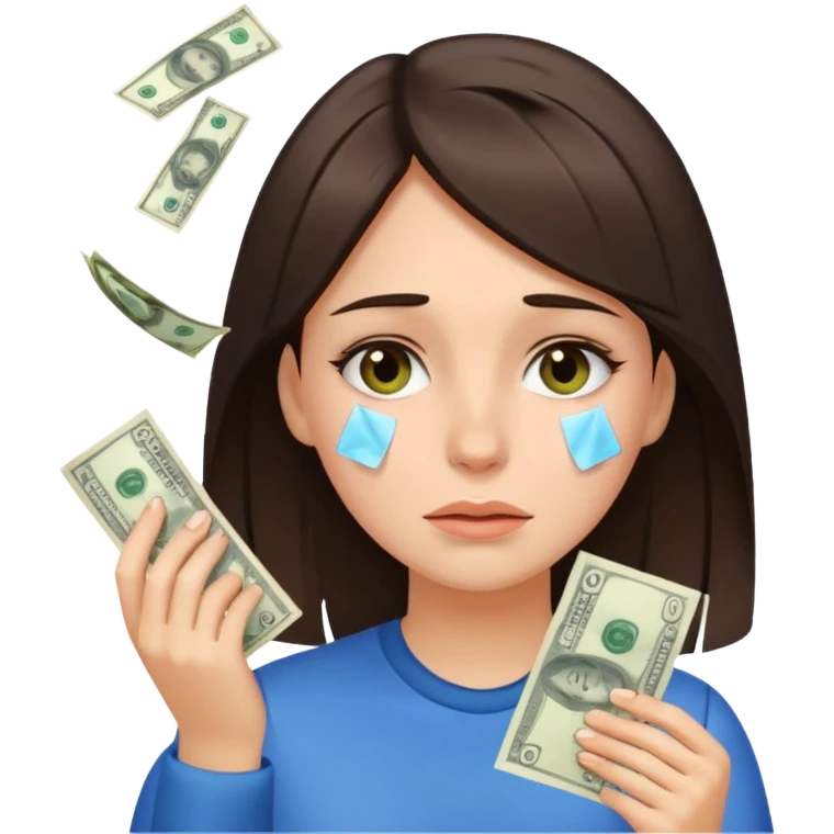 brunette girl drying her tears with money bills emoji