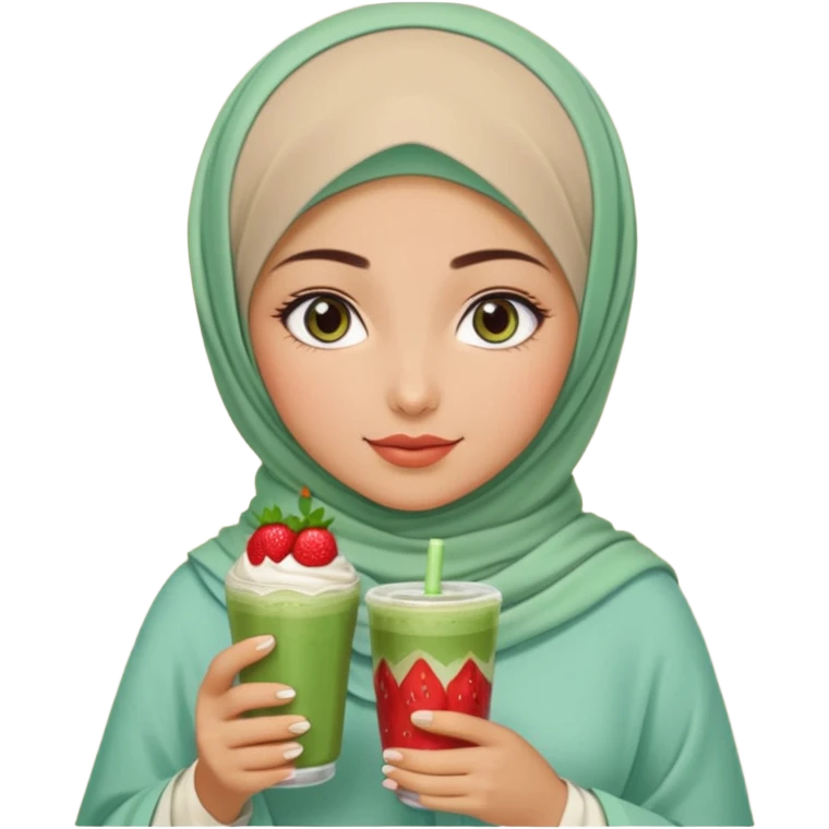 Turkish beautiful finish Konya girl blue eyes with beige and light green hijab islamic dress and had on her hand strawberry Matcha drink emoji