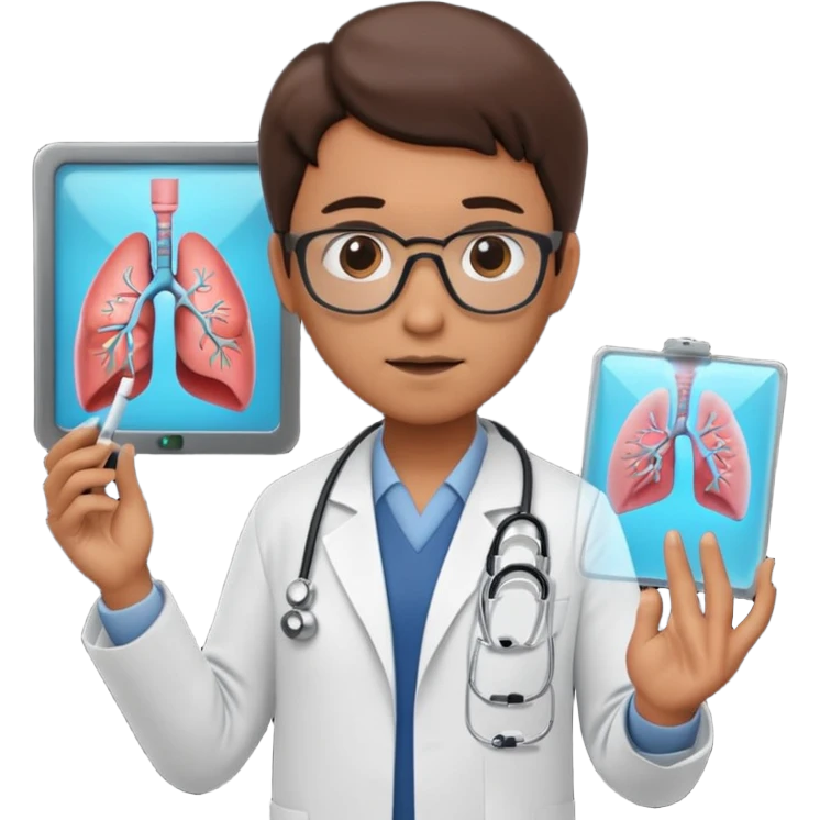 A 3D cartoon doctor examining a lung X-ray on a lightboard, medical room background, Memoji-style realism. emoji