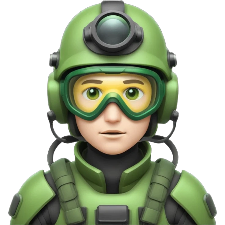 white-skinned male futuristic soldier in green high-tech gear, ultra-modern helmet with night vision goggles, mask, cool and brutal, emoji style emoji