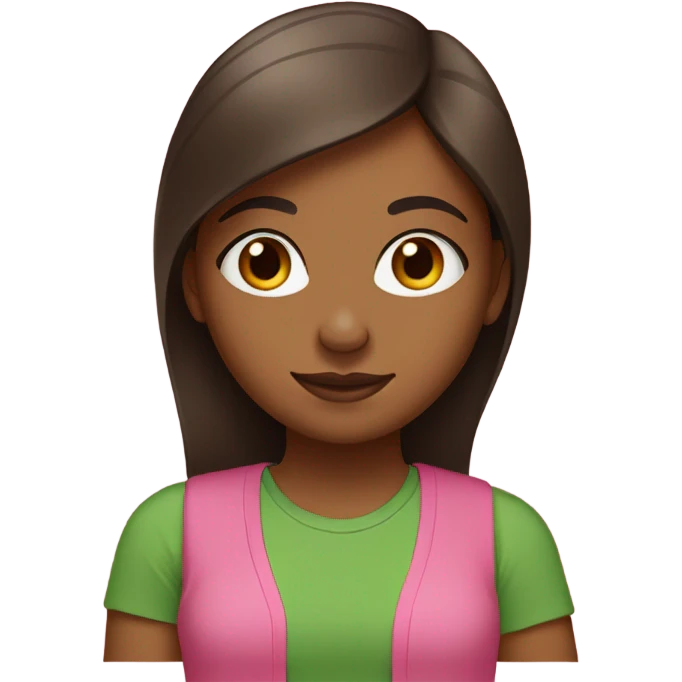 brown girl with straight hair wearing pink and green t-shirt that says “AKA” emoji
