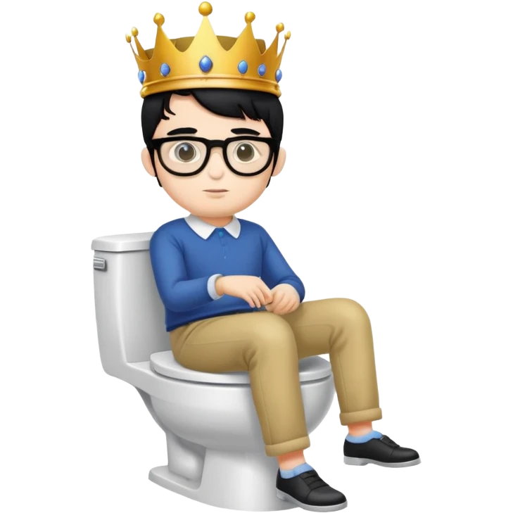 King with crown sitting on a toilet, wearing round glasses and black hair emoji