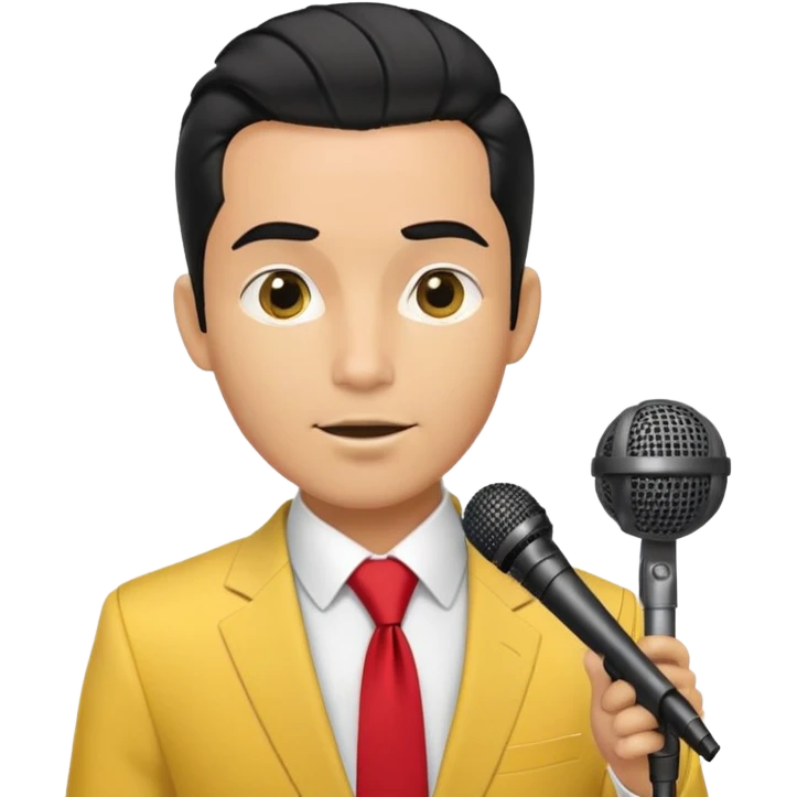 Man with black pulled back hair, wearing a yellow suit and red tie, holding a microphone emoji
