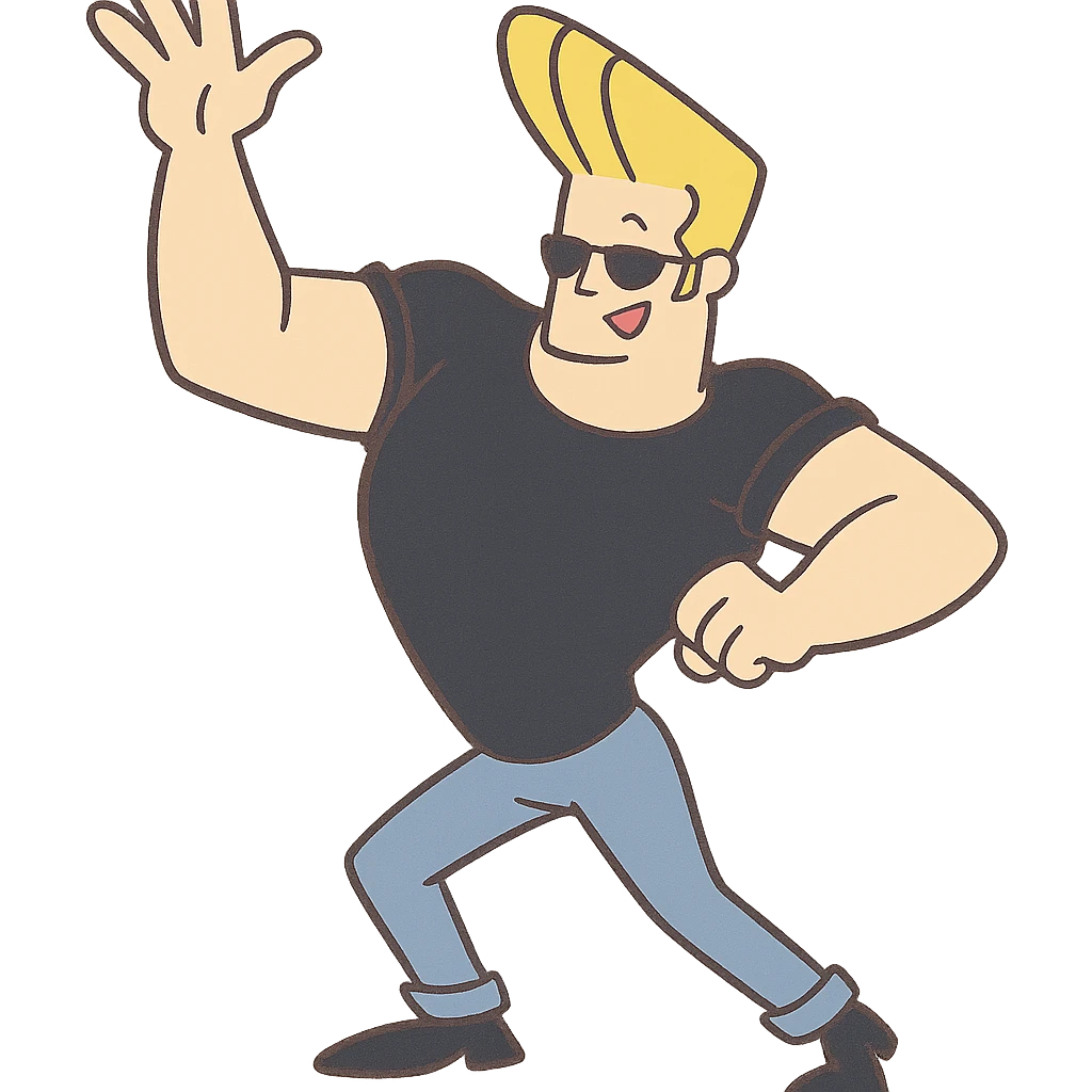 johnny bravo cartoon character, dancing with exaggerated moves, cartoon style emoji