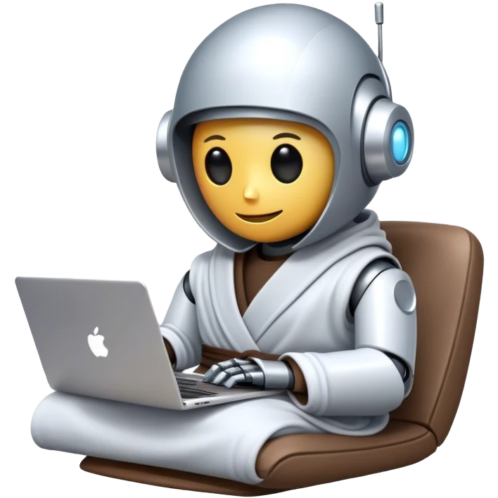 An emoji of a remote-working robot, sitting comfortably with coffee and laptop wrapped in a cozy bathrobe. The robot's head resembles a sleek, futuristic helmet with a smooth, reflective surface. Its eyes are not human-like but rather glowing digital slits or circular LED indicators. emoji