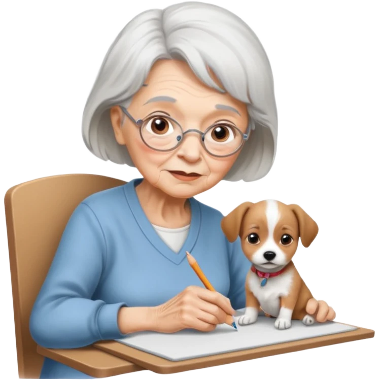 An elderly woman sketching, art board,nice picture, puppy face pencil art style. emoji