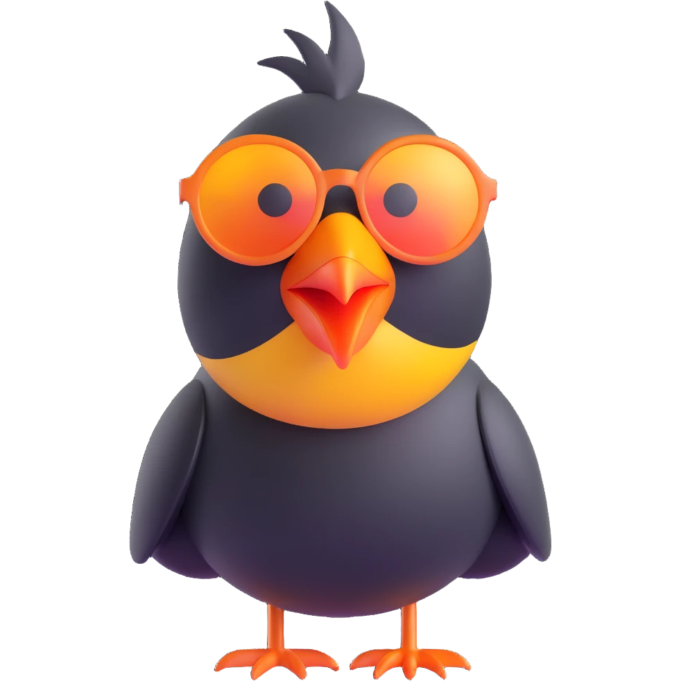 Make the bird emoji more emoji-like with a smooth, shiny 3D look, vibrant colors, and an expressive face. Keep the same pose, orange beak, and round sunglasses. Bird looking to the left. No background. Style should match modern emoji aesthetics. emoji