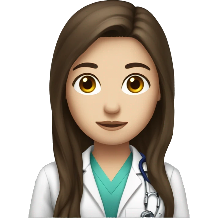 Brunette long hair, doctor, fair skin, black eye color emoji