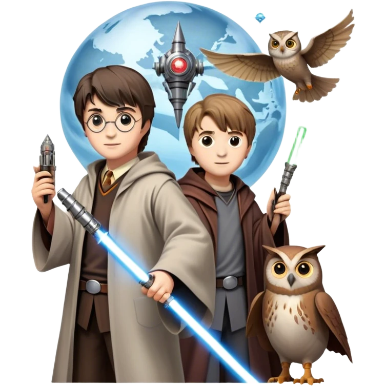 Icon for Fantasy and Sci-Fi Movies: Collage featuring Harry Potter with his wand, Dumbledore. Luke Skywalker with a lightsaber and futuristic robots. Background with a magical planet, Hogwarts, flying owls and spaceships. Epic and magical atmosphere. Transparent background. emoji
