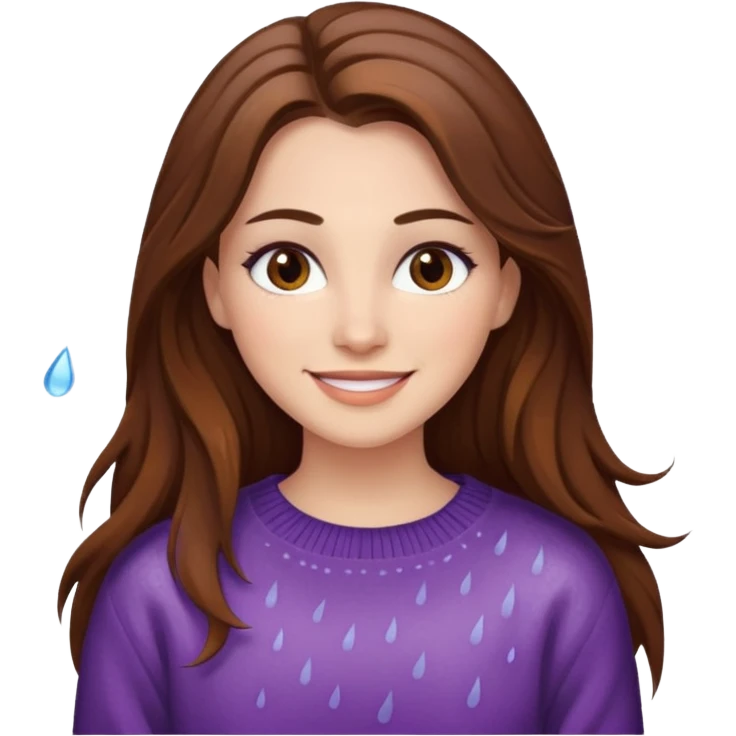 white woman with long brown hair and brown eyes, wearing a sweater, smiling in the rain, with makeup emoji