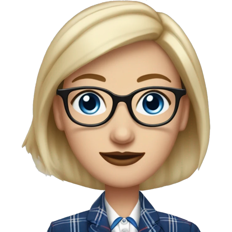 A bald aquiline nosed Caucasian woman with protruding blue eyes that are crossed outward, wearing square plastic eyeglasses, a baseball hat, small hoop earrings, a plaid men's tuxedo with blue plaid overcoat red bowtie and pants emoji