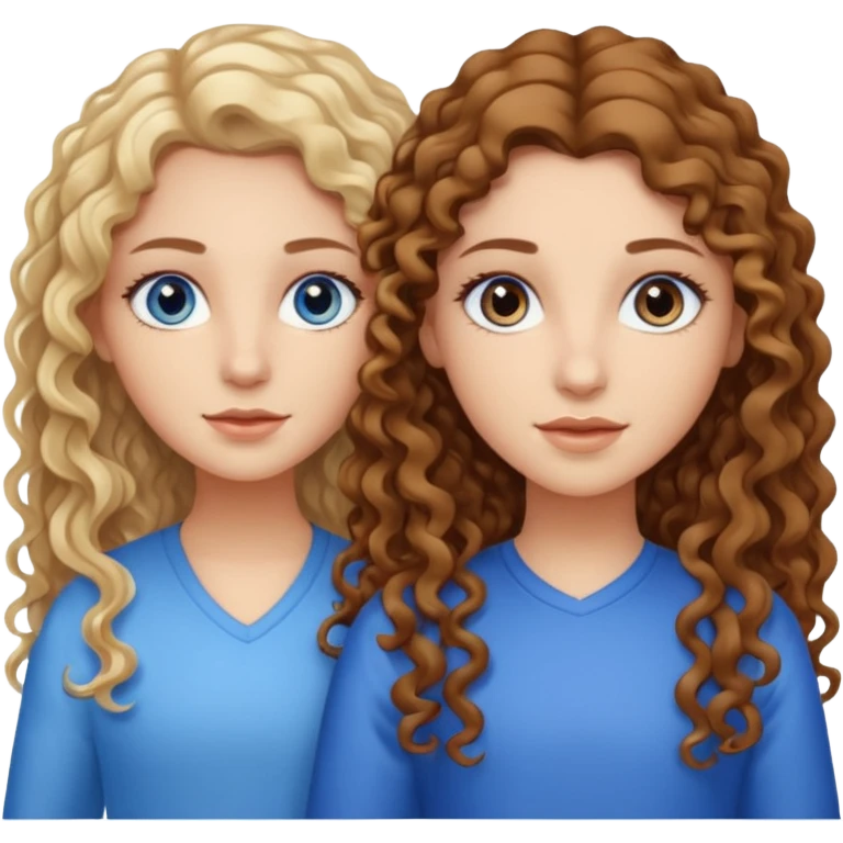 sisters, one has brown eyes, long curly brown hair, the other one has straight blond hair and blue eyes emoji