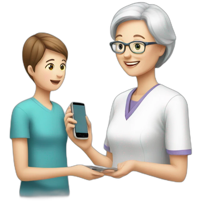 Patient adult child helping mother-in-law with technology emoji