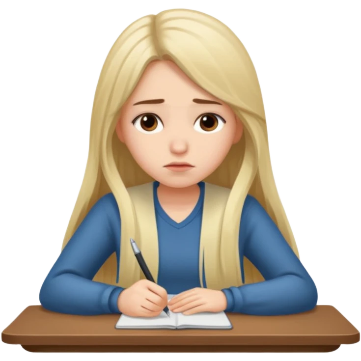 Девушка со светлыми длинными волосами грустная сидит за столом и усердно работает emoji