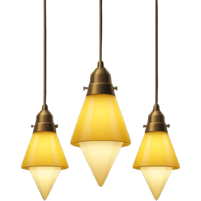 three hanging lamps in a dark room, only the middle lamp is dimly lit, casting a soft yellow cone of light downward, the rest of the room and other lamps remain in total darkness, minimalist cinematic lighting, moody atmosphere, black background, no people emoji