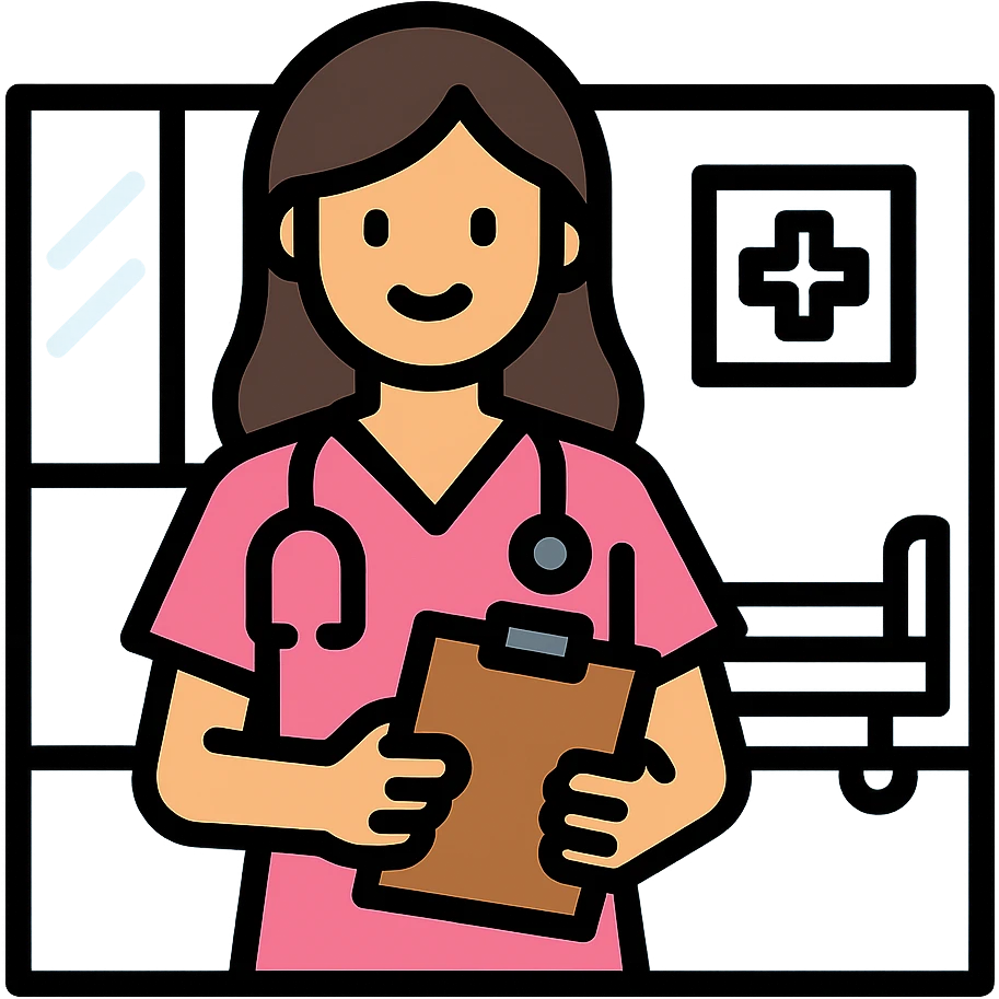 female doctor in pink scrubs, holding a clipboard, smiling, hospital background, clean vector style emoji