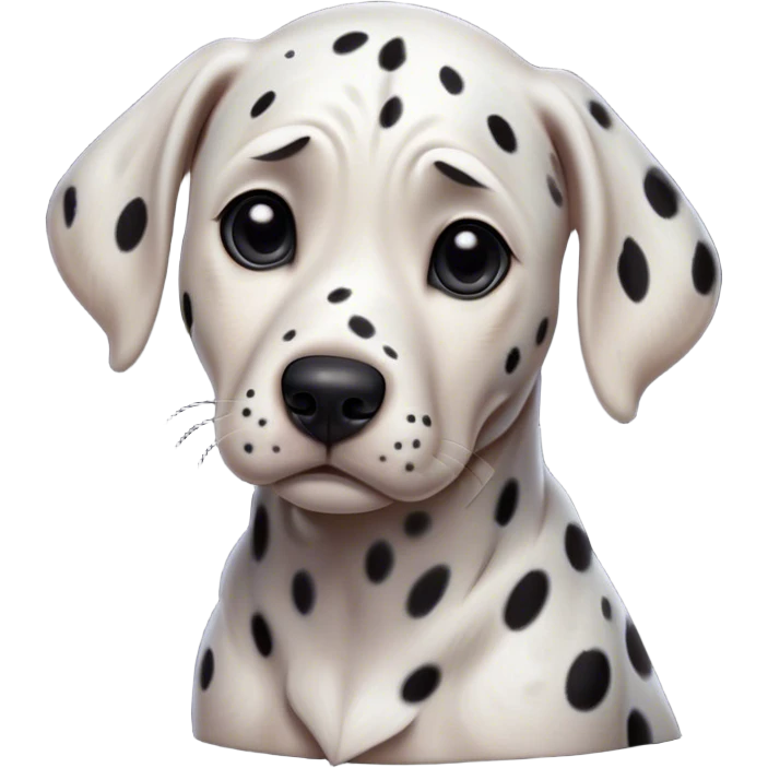 Cinematic Grumpy Dalmatian Portrait Emoji, Head tilted slightly with a deeply unimpressed expression, featuring a glossy white coat with prominent black spots and a furrowed brow, large, droopy dark eyes narrowed into an unamused glare, ears slightly drooping in exasperation, Simplified yet comically expressive features, highly detailed, glowing with a dry, sarcastic glow, high shine, effortlessly judgmental yet dignified, stylized with a touch of cynicism, bright but brooding, soft glowing outline, capturing the essence of an eternally unimpressed yet endearing companion, so lifelike it feels like it could sigh heavily at you in disdain at any moment! emoji