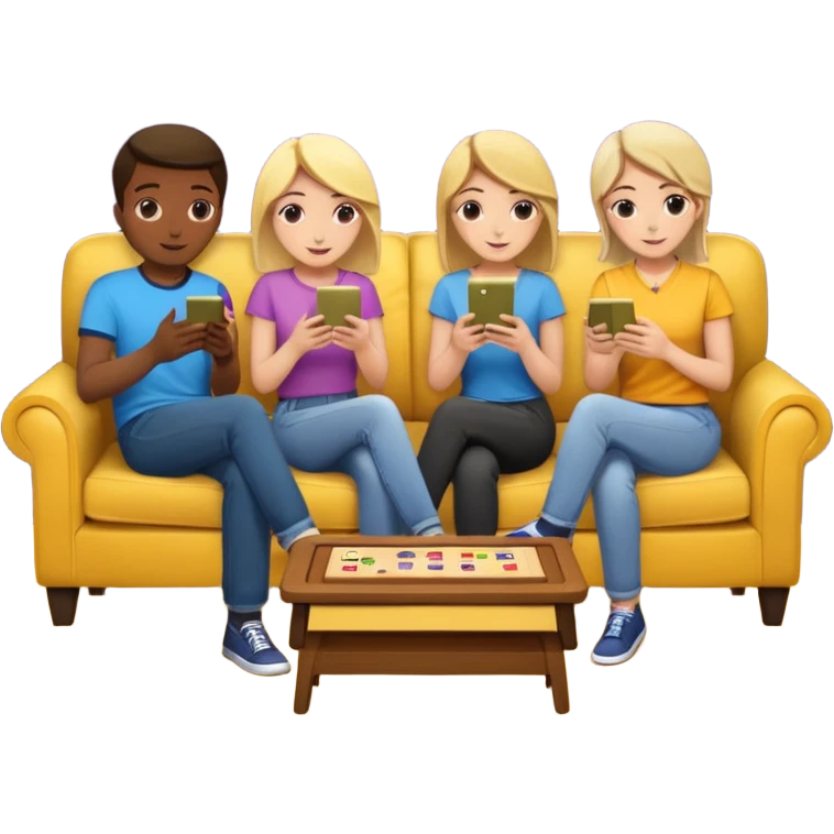 group of friends on couch playing a trivia game couch should be deep dark yellow color.  include a small wooden table in front of the couch as well emoji