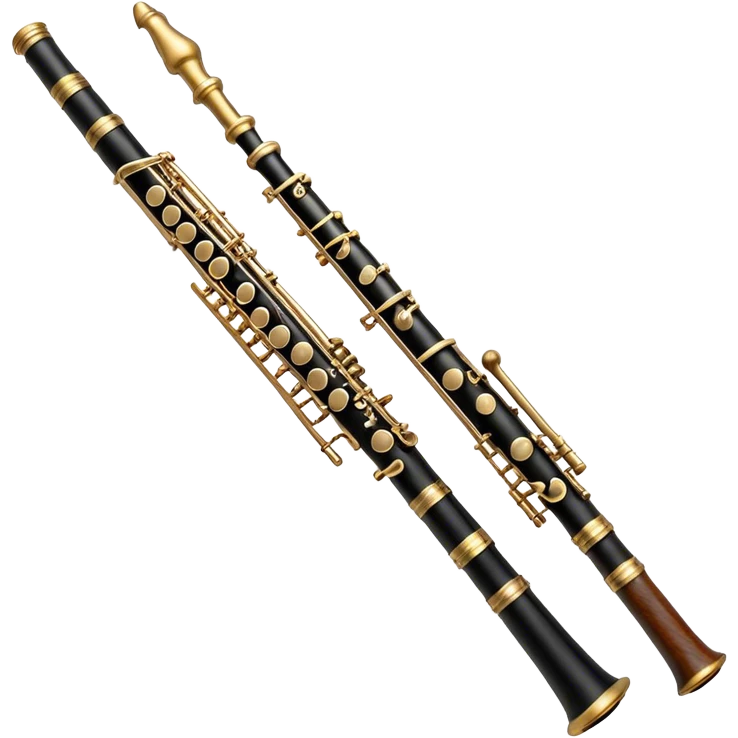 Create a detailed and elegant emoji depicting an oboe. The design should include a thin cylindrical black oboe body with intricate keys visible along its entire length. A small cane, typical for this instrument, should be visible in the upper part. Use rich wood tones with silver or brass inserts on the keys to emphasize the high quality of oboe performance. Add subtle musical notes surrounding the instrument to emphasize its expressive, melodic sound. The background should be transparent. emoji