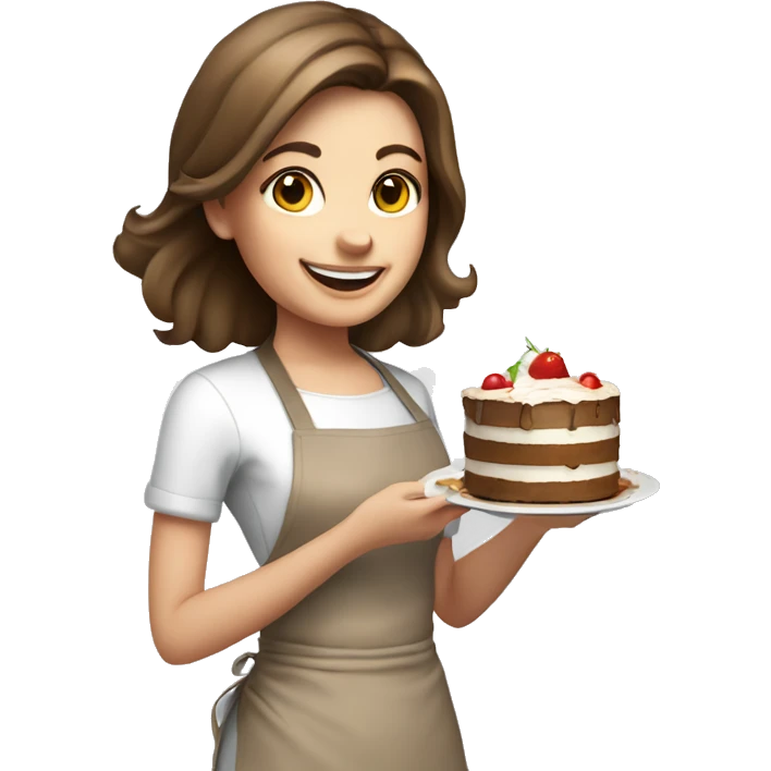 happy white girl- brown hair- cooking holding food cake  emoji