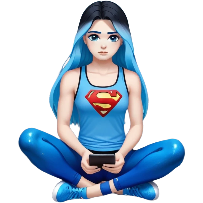 Shameful disappointed crying-very very very very big chest-texting on a samsung cell phone-very long straight flowing black to sky blue hair ombre-blue eyes-black eyeliner-long eyelashes-plastic sparkling sky blue very low cut tank top with sparkling superman logo-black leggings-nike sneakers emoji