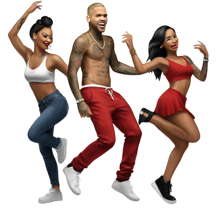 Hyper Realistic Chris Brown   dancing with 3 beautiful tattooed female dancers emoji