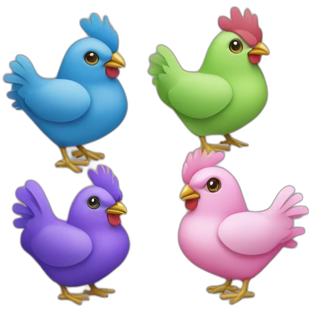 Four chickens in differents colors : blue, purple, pink and green emoji