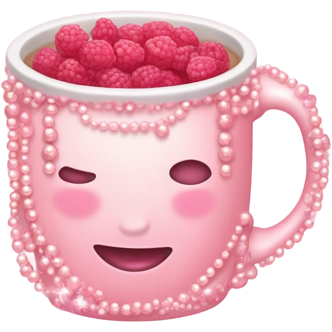 soft pink mug filled with steaming hot raspberry tea, decorated with blush pink pearl and sparkly embellishments (aesthetic, cute) emoji