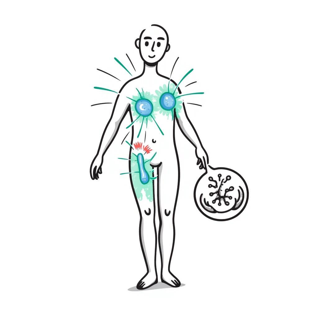 Conceptual medical illustration showing anti-inflammatory process: human body outline with glowing joints, blue and green healing energy radiating, red inflammation areas being neutralized, small view of calming immune cells, clean clinical aesthetic with futuristic medical background emoji