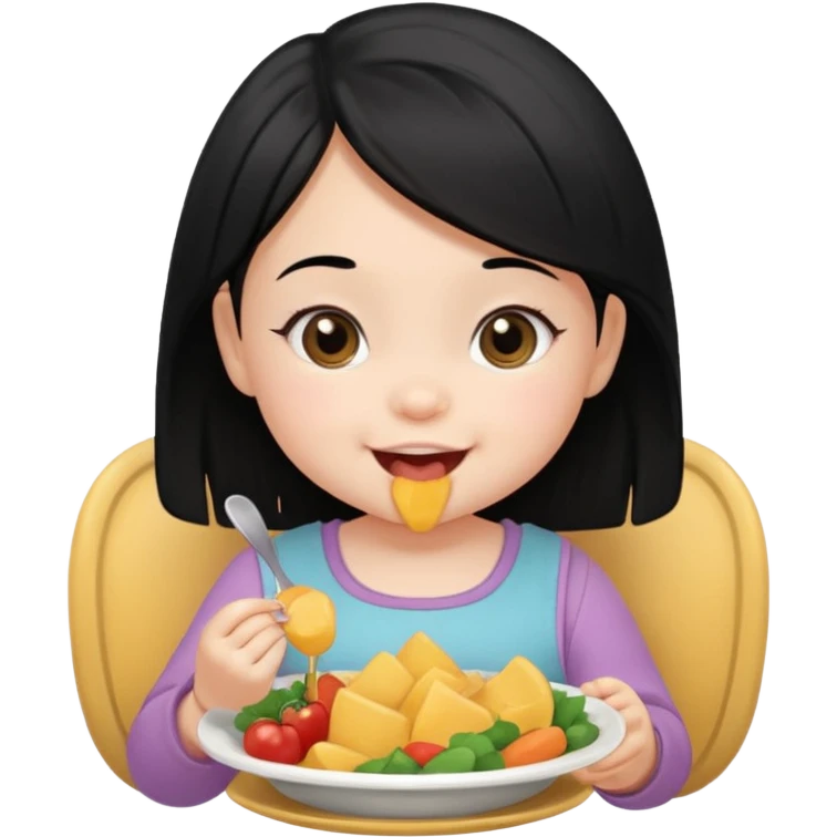 eating food well baby with happy face black hair girl emoji