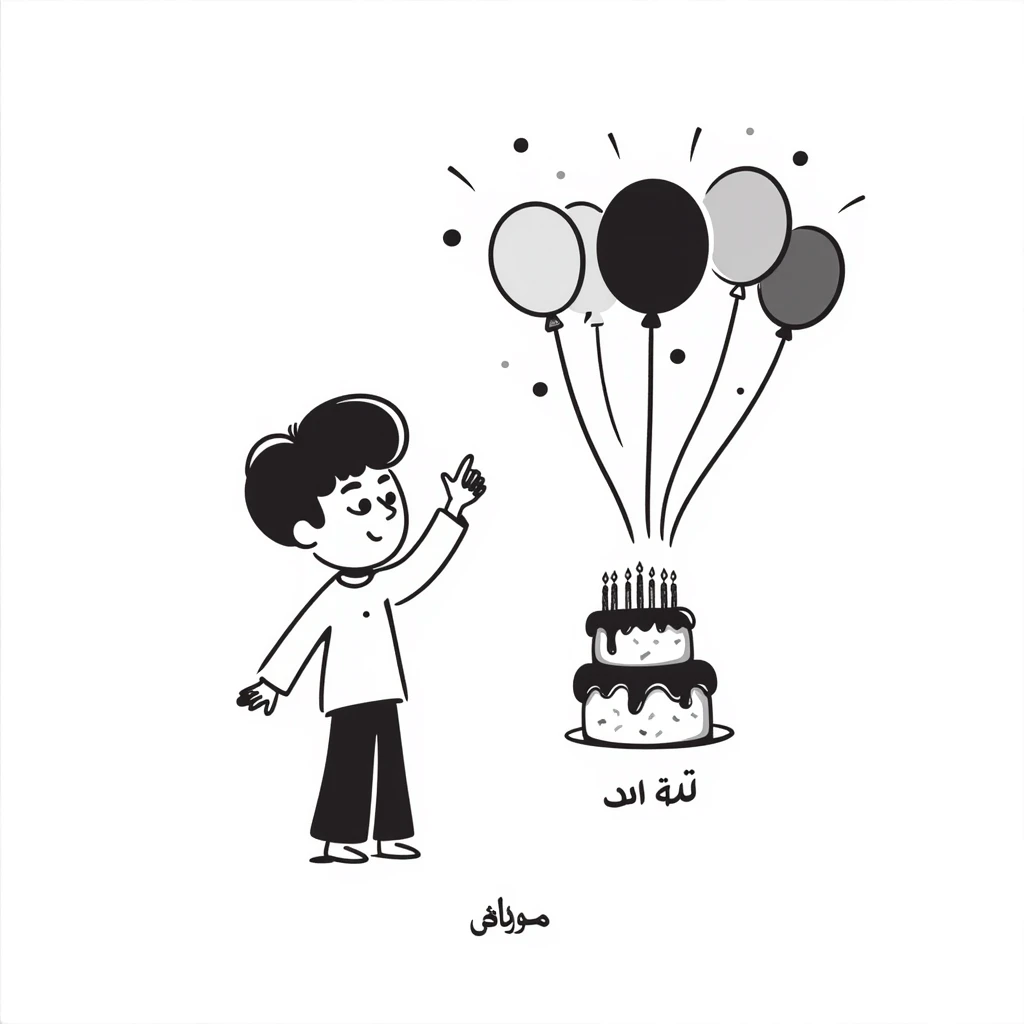 A happy little boy celebrating with a birthday cake with lit candles, balloons and streamers in the background. Include the Persian text at the bottom saying: "امیدرضاجان تولدت مبارک" emoji