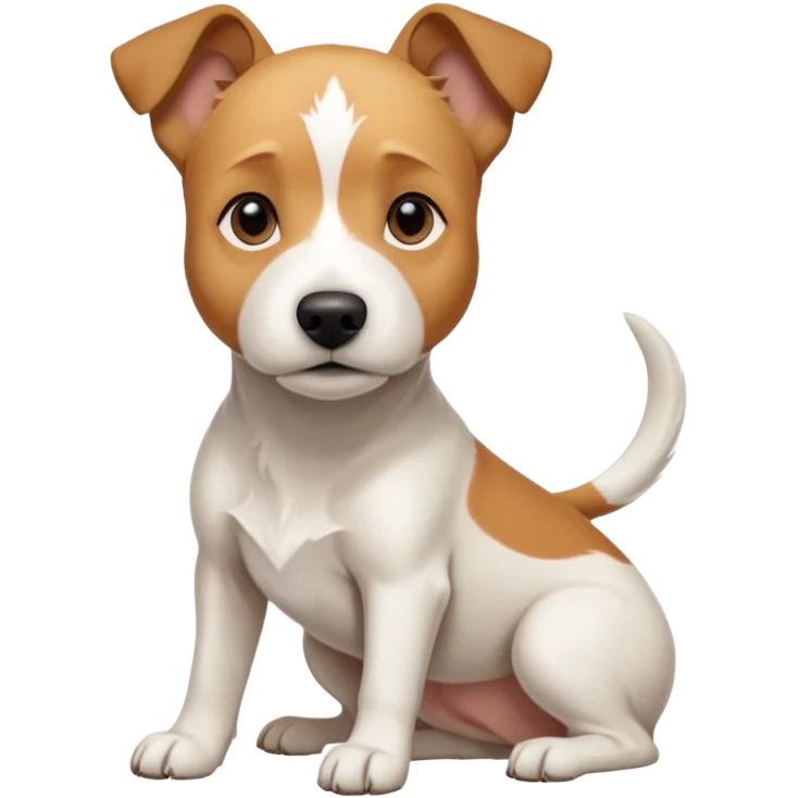 a full body facing front on of a buff white parson russell terrier looking dog the size of a kelpie with light brown long ears resting on its face and a light brown patch on one eye and a large snout. the rest of the dog is completely white.  emoji