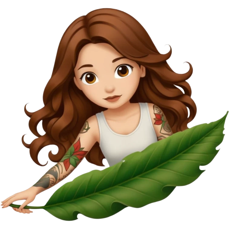 cute woman long wavy brown hair tattoos sliding down leaf emoji