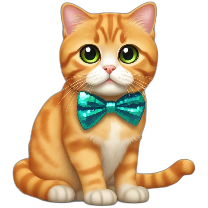 orange scottish fold cat face only green blue eyes red sequin bow long whiskers surprised emoji