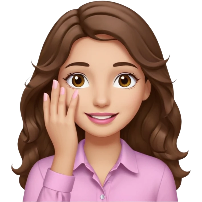 girl with wavy long brown hair, brown eyes, light to medium complexion, long lashes, light pink lipstick, wearing light pink shirt, smiling, hand covering eyes emoji