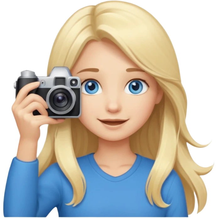  blue eyes blonde girl photographer cartoon taking picture in middle of taking picture camera in front of face long hair smiling funny flash professiona emoji