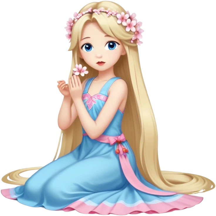 Girl with long blond hair and sakura accessories on her hair with a long tailed dress on the ground and have blue eyes beautiful finish and she sending lovely kisses  emoji
