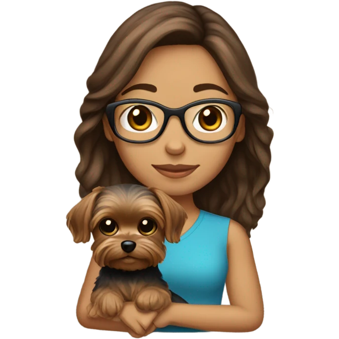 Hispanic, Brown hair, girl with glasses holding tan yorkie dog emoji