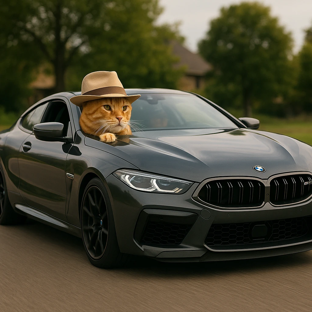 A cat wearing a different hat and riding a gray BMW M8 emoji