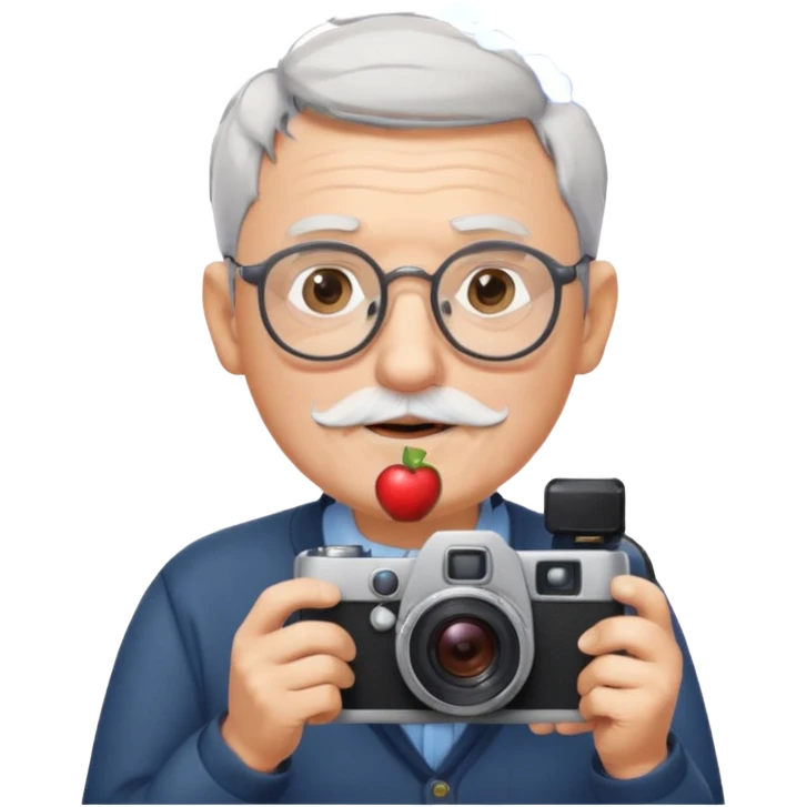 old man with very short gray hair, very short gray beard, round glasses, holding a camera, Apple emoji style emoji