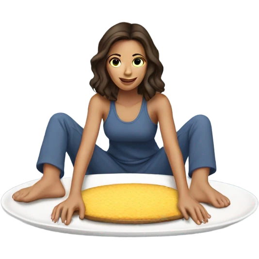 Brunette girl in sweatsuit on top of platter emoji