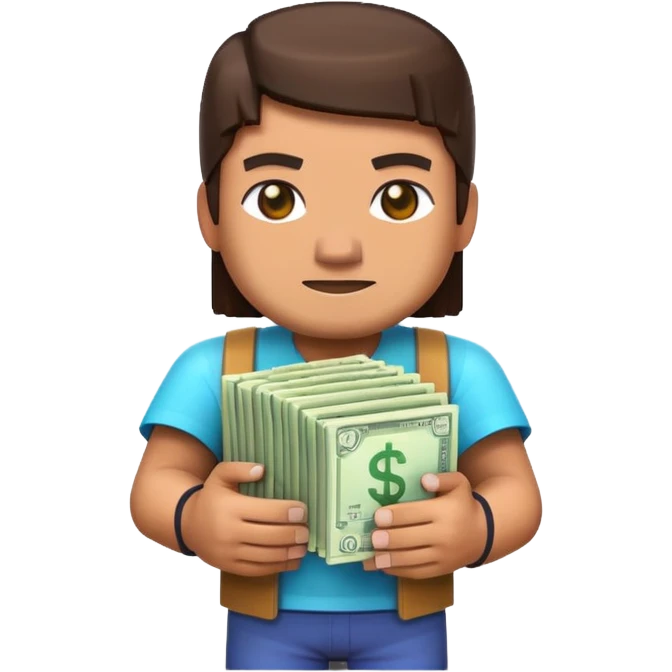 emoji style icon, minecraft blocky character holding a stack of money, pixel art style, bright colors, simple background, 3D glossy emoji, centered composition, soft shadow, high detail, clean outline, white background emoji