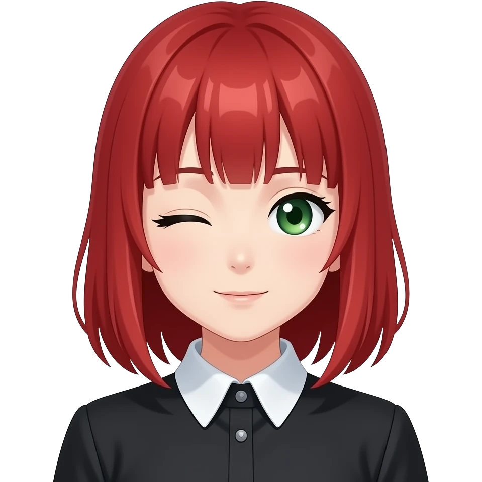 anime girl, half closed eyes, red hair, green eyes, black blouse with white collar emoji