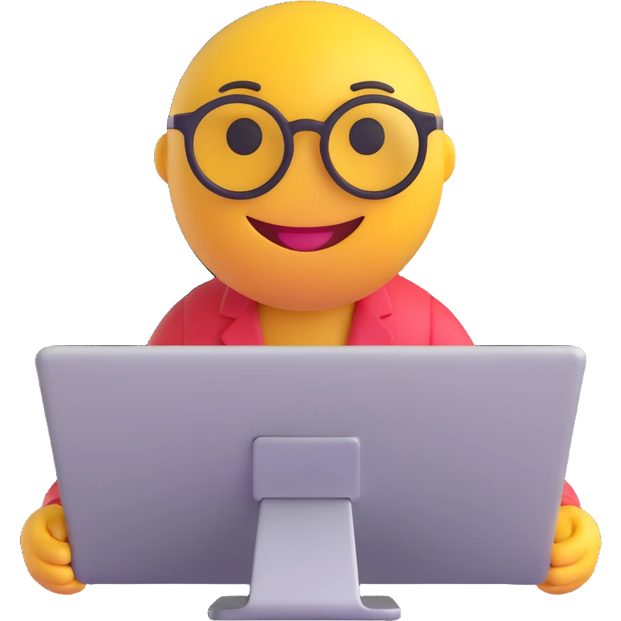 3D smiley emoji, round shape, data entry clerk: sitting in front of computer, wearing glasses, with the text "Adatrögzítő" on it emoji