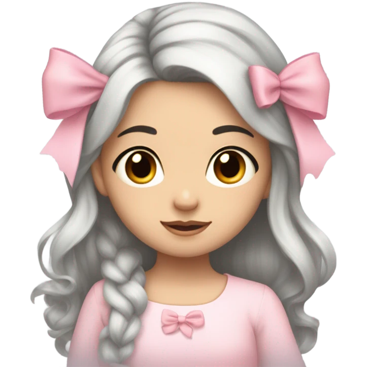 Long black hair  white girl with cute baby pink swetear and bow in her  hair with brown eyes and pretty face  emoji