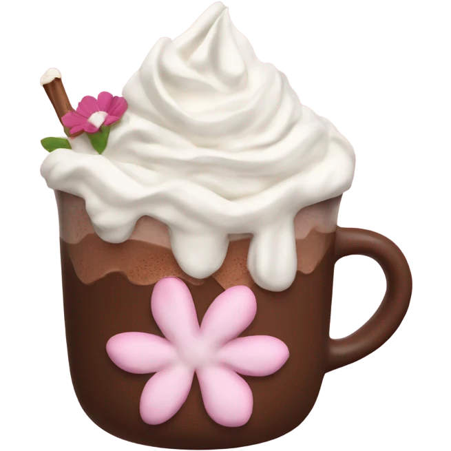 Hot chocolate with pale pink flower and whipped cream emoji