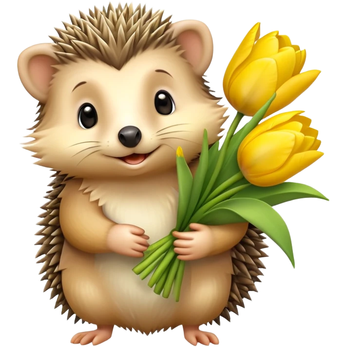 cute hedgehog holding a bouquet of yellow tulips emoji