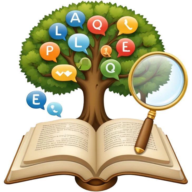 An icon featuring an open book, a speech bubble, and a linguistic tree, symbolizing philology and linguistics. The design includes alphabets, language symbols, and a magnifying glass, representing the study of language, structure, and meaning. Transparent background emoji
