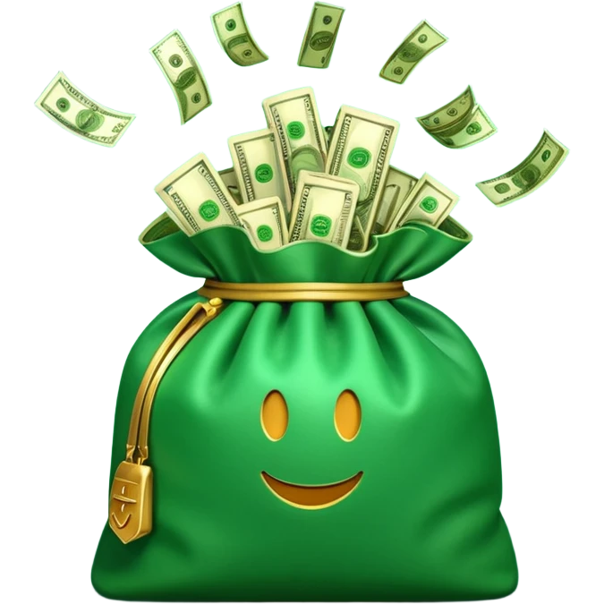 

3D emoji style, big bag of money, flying dollar bills, rich casino vibe, smooth lighting, high detail, clean edges, transparent background



 emoji