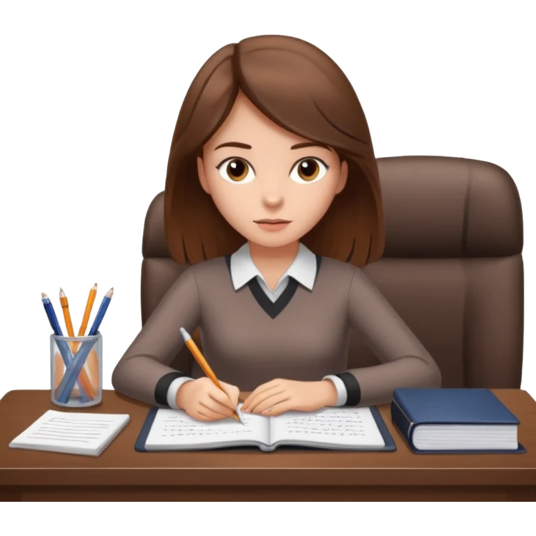 a girl with brown hair on a desk writing on a note book with a lot of papers around and on the papers is writing business strategy  emoji